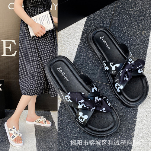 蝴蝶結拖鞋女新款夏季百搭女士平底防滑卡通外穿女學生時裝涼拖鞋