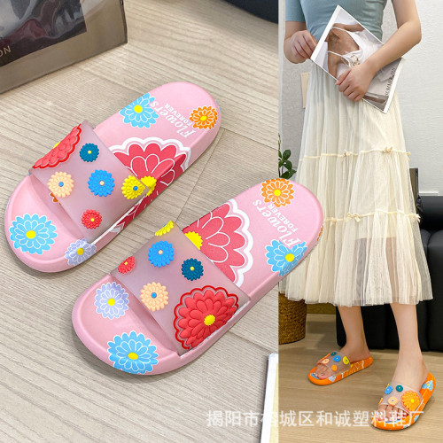 新款復古花朵拖鞋女夏季室內家居防滑平底軟底一字拖外穿涼拖鞋女