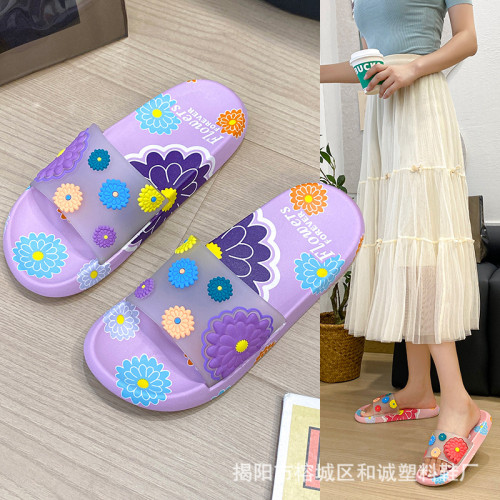 新款復古花朵拖鞋女夏季室內家居防滑平底軟底一字拖外穿涼拖鞋女