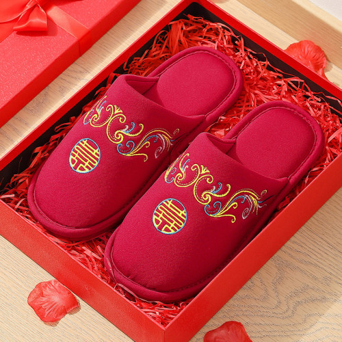 婚禮室內棉拖鞋情侶新婚中式居家防滑女紅色喜慶拖鞋男秋冬季