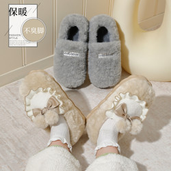 蝴蝶結棉拖鞋女士冬季2024新款室內家居防滑加絨加厚毛毛棉鞋男冬