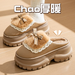 毛絨蝴蝶結棉拖鞋女士冬季包跟外穿室內家居可愛厚底款月子棉鞋女