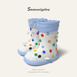 新款秋冬季束口加絨彩虹豆內裡可拆卸男女童鯊魚防水四季可穿雨靴