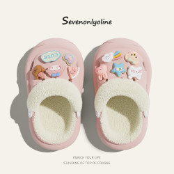 冬季新款兒童綁帶卡通小動物外穿居家內裡加絨保暖DIY鞋花洞洞鞋