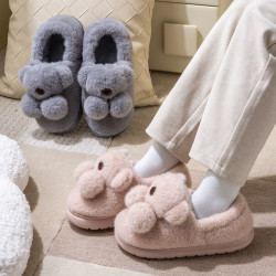 棉拖鞋女冬季卡通可愛小熊毛絨室內居家厚底防滑包跟保暖棉鞋男士