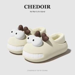 新款秋冬卡通可愛呲牙狗防水保暖女式包跟棉鞋時尚居家內裡可晾曬