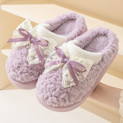 優雅小公主蕾絲蝴蝶結棉拖鞋女秋冬季居家氣質軟底毛絨絨拖鞋舒適
