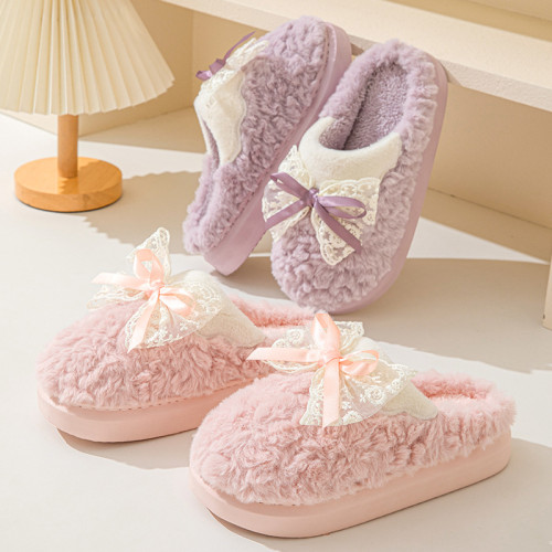 優雅小公主蕾絲蝴蝶結棉拖鞋女秋冬季居家氣質軟底毛絨絨拖鞋舒適