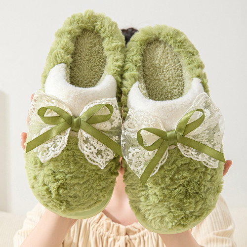 優雅小公主蕾絲蝴蝶結棉拖鞋女秋冬季居家氣質軟底毛絨絨拖鞋舒適