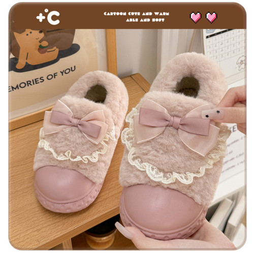 冬季家居棉鞋女蝴蝶結外穿保暖厚底室內防滑女士包跟棉拖鞋冬