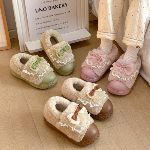 冬季家居棉鞋女蝴蝶結外穿保暖厚底室內防滑女士包跟棉拖鞋冬