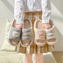 四季亞麻拖鞋女夏季室內居家防滑吸汗可愛卡通情侶厚底靜音拖鞋男