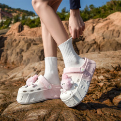 卡通毛球可愛洞洞鞋女士拖鞋夏季包頭鞋帶跟外穿女生沙灘鞋eva