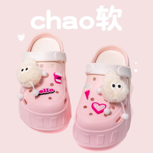 可愛洞洞鞋女款夏季2025新款厚底增高防滑防臭包頭卡通煤球涼拖鞋