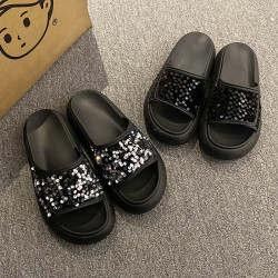 黑色珠片露趾厚底涼拖鞋女2025夏季新款時尚EVA防滑軟底