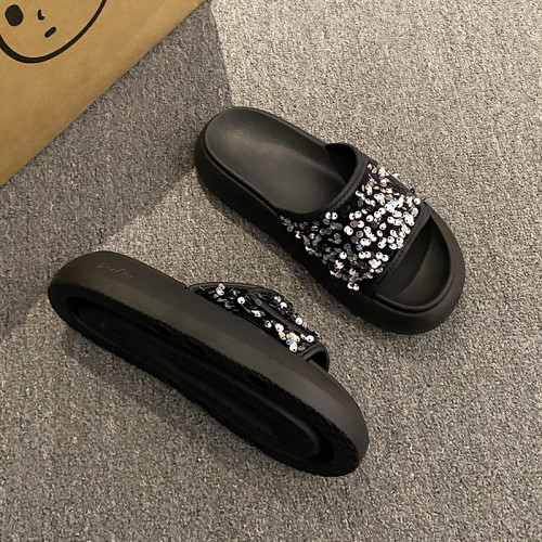 黑色珠片露趾厚底涼拖鞋女2025夏季新款時尚EVA防滑軟底