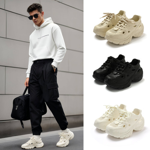 厚底洞洞鞋男款夏季時尚綁帶2025新款開車運動耐磨踩屎感涼拖外穿