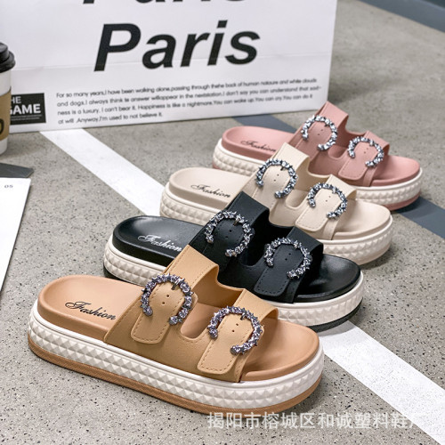 夏季厚底拖鞋女外穿新款韓版時尚搭釦平底涼鞋圓頭露趾沙灘鞋