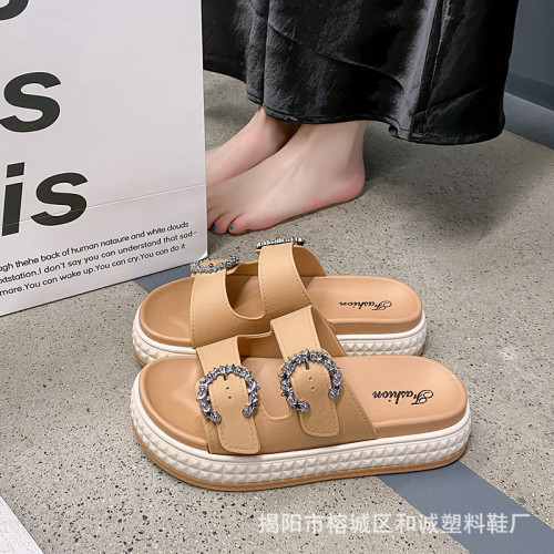 夏季厚底拖鞋女外穿新款韓版時尚搭釦平底涼鞋圓頭露趾沙灘鞋