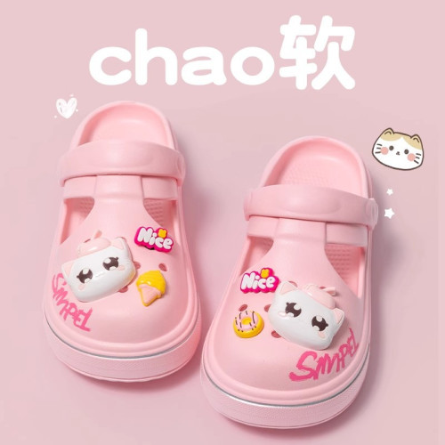 卡通小貓洞洞鞋女款夏季2025新款厚底沙灘防滑可愛外穿包頭涼鞋女
