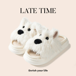 可愛卡通潦草小狗西高地亞麻拖鞋女2025新款四季通用室內居家棉麻