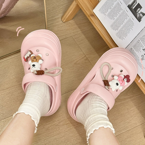 卡通小熊洞洞鞋女士夏季戶外穿厚底踩屎感防滑包頭eva拖鞋女