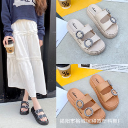 歐美一字拖鞋女夏季新款百搭水鑽厚底涼鞋外穿拖鞋女羅馬沙灘涼鞋