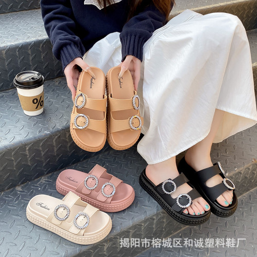 歐美一字拖鞋女夏季新款百搭水鑽厚底涼鞋外穿拖鞋女羅馬沙灘涼鞋