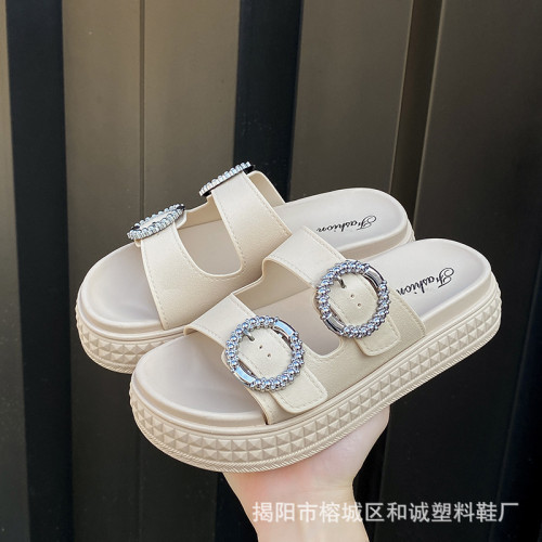 歐美一字拖鞋女夏季新款百搭水鑽厚底涼鞋外穿拖鞋女羅馬沙灘涼鞋