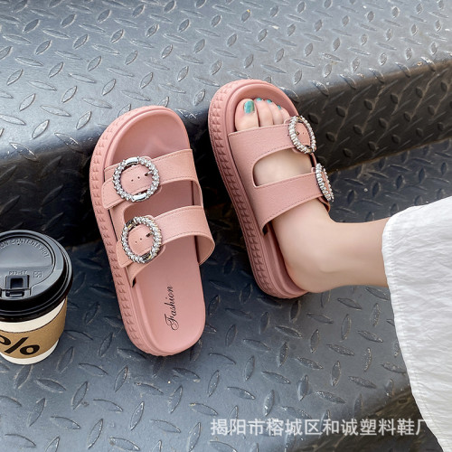 歐美一字拖鞋女夏季新款百搭水鑽厚底涼鞋外穿拖鞋女羅馬沙灘涼鞋