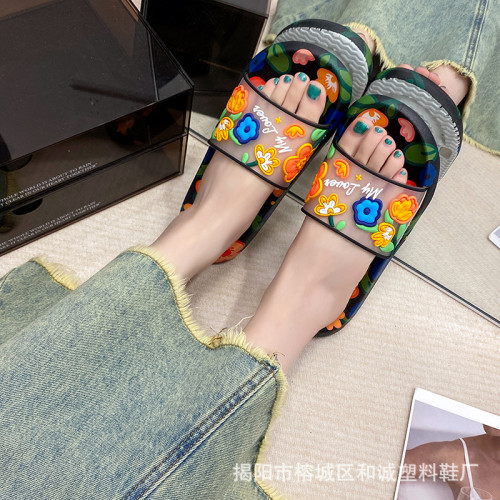卡通花朵拖鞋女夏季外穿軟底家居室內防滑洗澡一字拖辦公室涼拖鞋