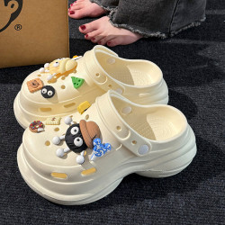 可愛DIY洞洞鞋女款夏季外穿厚底增高海邊沙灘鞋EVA防臭包頭涼拖女