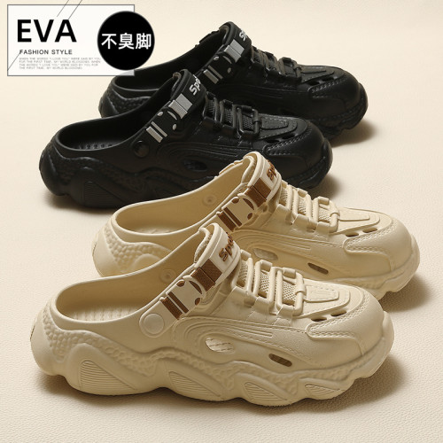 運動洞洞鞋2025新款夏季鏤空厚底踩屎感黑色涉水涼鞋男情侶沙灘鞋