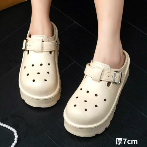 松糕厚底洞洞鞋女外穿2025新款春季增高一腳蹬包頭半拖勃肯涼拖鞋