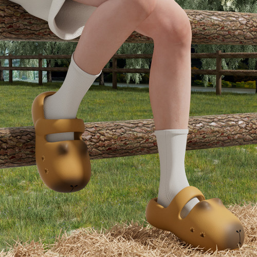 卡皮巴拉水豚半拖鞋女夏外穿卡通綁帶洞洞鞋室內居家防滑涼拖鞋女