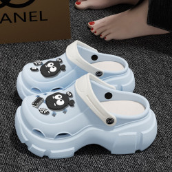 新款eva外穿高跟洞洞鞋英文配飾女款厚底洞洞鞋女夏外穿防滑拖鞋