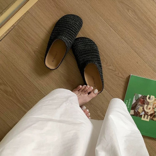 法式小衆手工編織鏤空透氣包頭半拖鞋女夏外穿羅馬風厚底穆勒鞋子