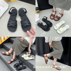 新款時尚坡跟涼鞋女外穿5新夏季復古草編一字帶軟底防滑沙灘鞋女