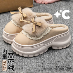 蝴蝶結棉拖鞋女秋冬季2024新款厚底踩屎感居家保暖毛毛絨防滑棉鞋
