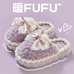 蝴蝶結棉拖鞋女款冬季2025新款保暖冬天室內家居踩屎感厚底拖鞋冬
