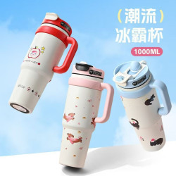 2025新款高顔值巨無霸保溫杯大容量冰霸杯可愛圖案水杯加厚吸管杯