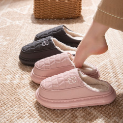 PU防水棉拖鞋女秋冬季新款厚底防滑情侶室內家居加絨保暖棉拖男士