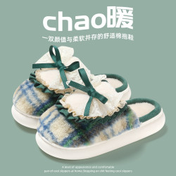 蝴蝶結棉拖鞋女款秋冬季外穿加絨保暖室內家居防滑毛毛拖棉拖女士