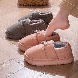 PU防水棉拖鞋女冬季2025新款室內家居防滑包跟毛絨保暖棉鞋男外穿