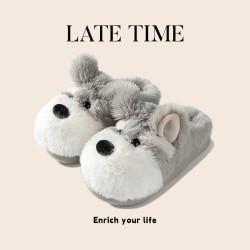 新款卡通雪納瑞小狗棉拖鞋女冬季室內居家用保暖情侶毛毛拖鞋男