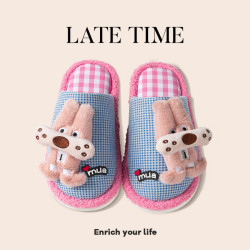 latetime大牙狗棉拖鞋女秋冬少女心毛毛鞋居家地板防滑包頭月子鞋