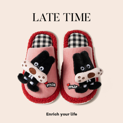 latetime大牙狗棉拖鞋女秋冬少女心毛毛鞋居家地板防滑包頭月子鞋