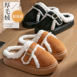 個性踩屎感厚毛絨保暖棉拖鞋女秋冬時尚搭釦居家防滑可外穿棉鞋