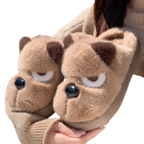 新款可愛卡通小狗造型毛毛棉拖鞋秋冬情侶居家保暖防滑毛絨棉鞋