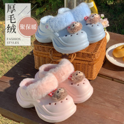女秋冬EVA防寒保暖棉拖鞋厚底可愛毛絨洞洞鞋居家外穿兩穿拖